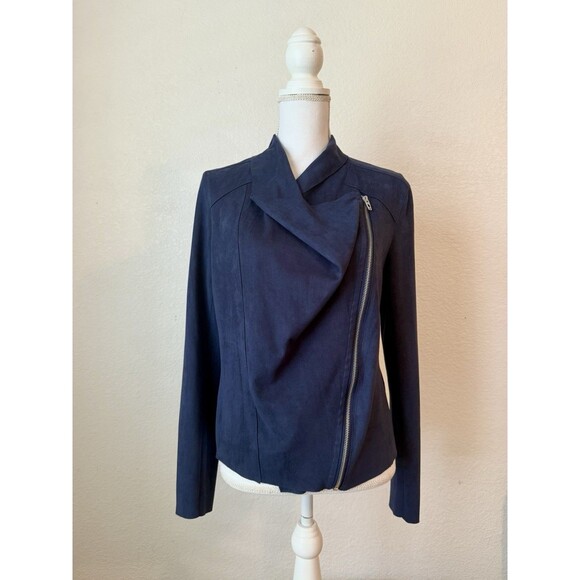 BLANKNYC Navy Drape Front Suede Asym Jacket Academia Money Architectural Capsule - Picture 2 of 11